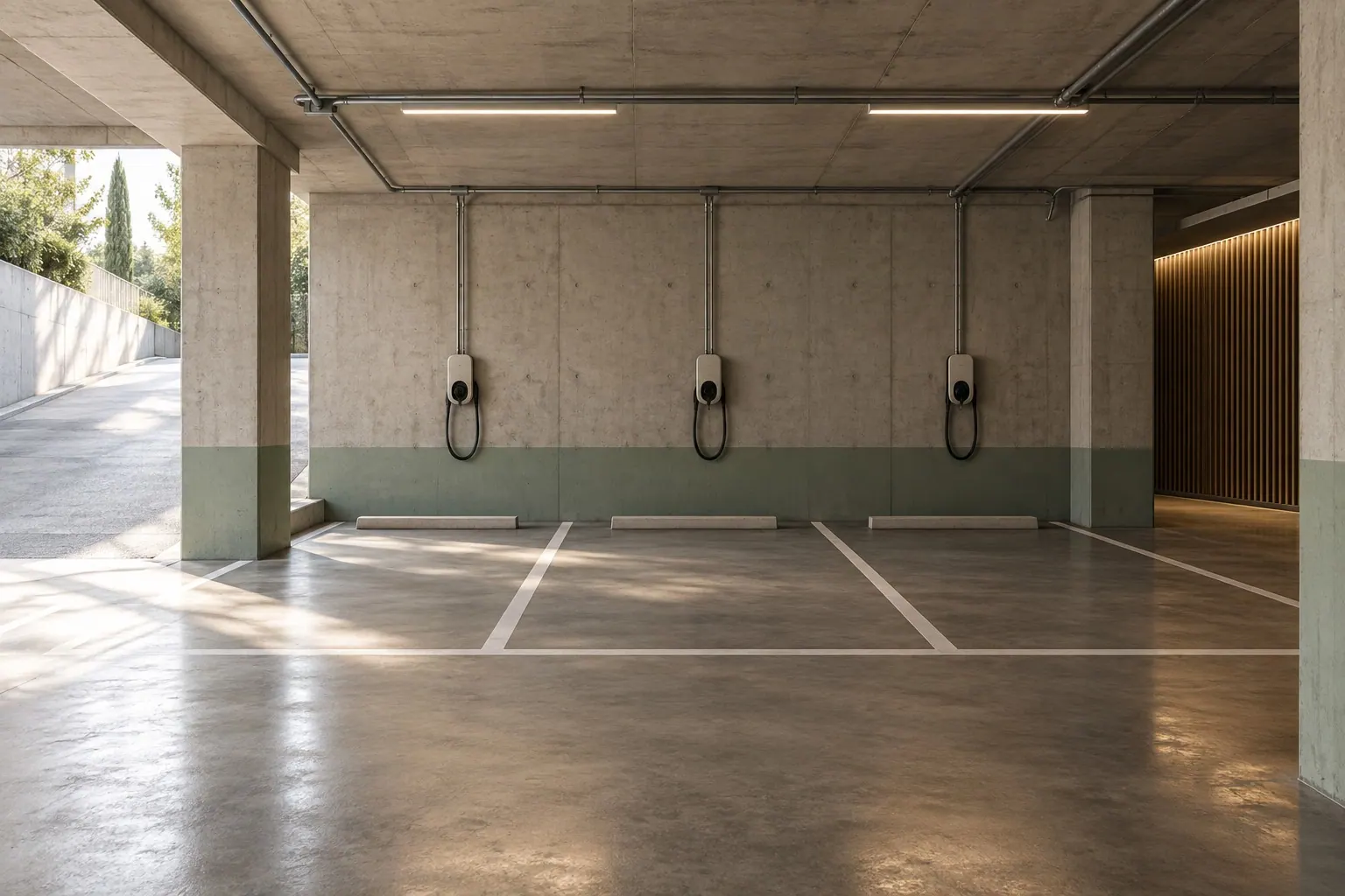 KI-Symbolbild: Unbelegte Stellplätze mit generischen Wallboxen in einer fiktiven gemeinschaftlichen Tiefgarage.