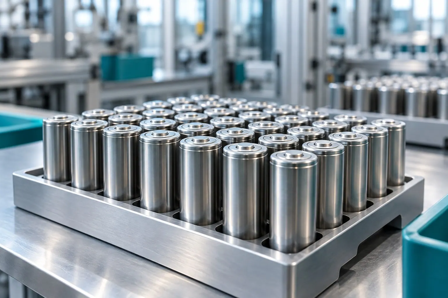 AI illustration: Metallic battery cells symbolizing battery manufacturing.