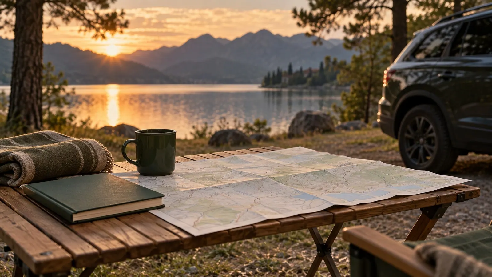 KI-Symbolbild: Landkarte, Notizbuch und Tasse auf einem Campingtisch am See; ein generisches SUV im Hintergrund, kein SkyNomad-Modellfoto.