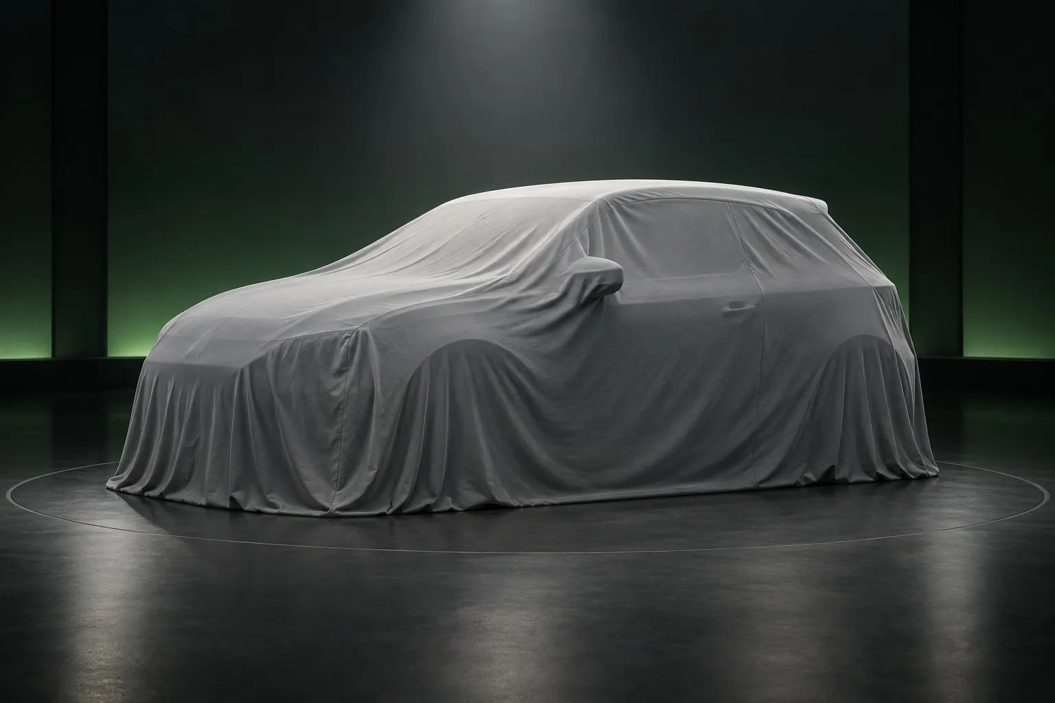 KI-Symbolbild: Ein vollständig verhülltes fiktives Auto als Symbol für eine Fahrzeugpremiere. Keine Darstellung des Opel Corsa GSE und keine Aufnahme seiner Vorstellung.