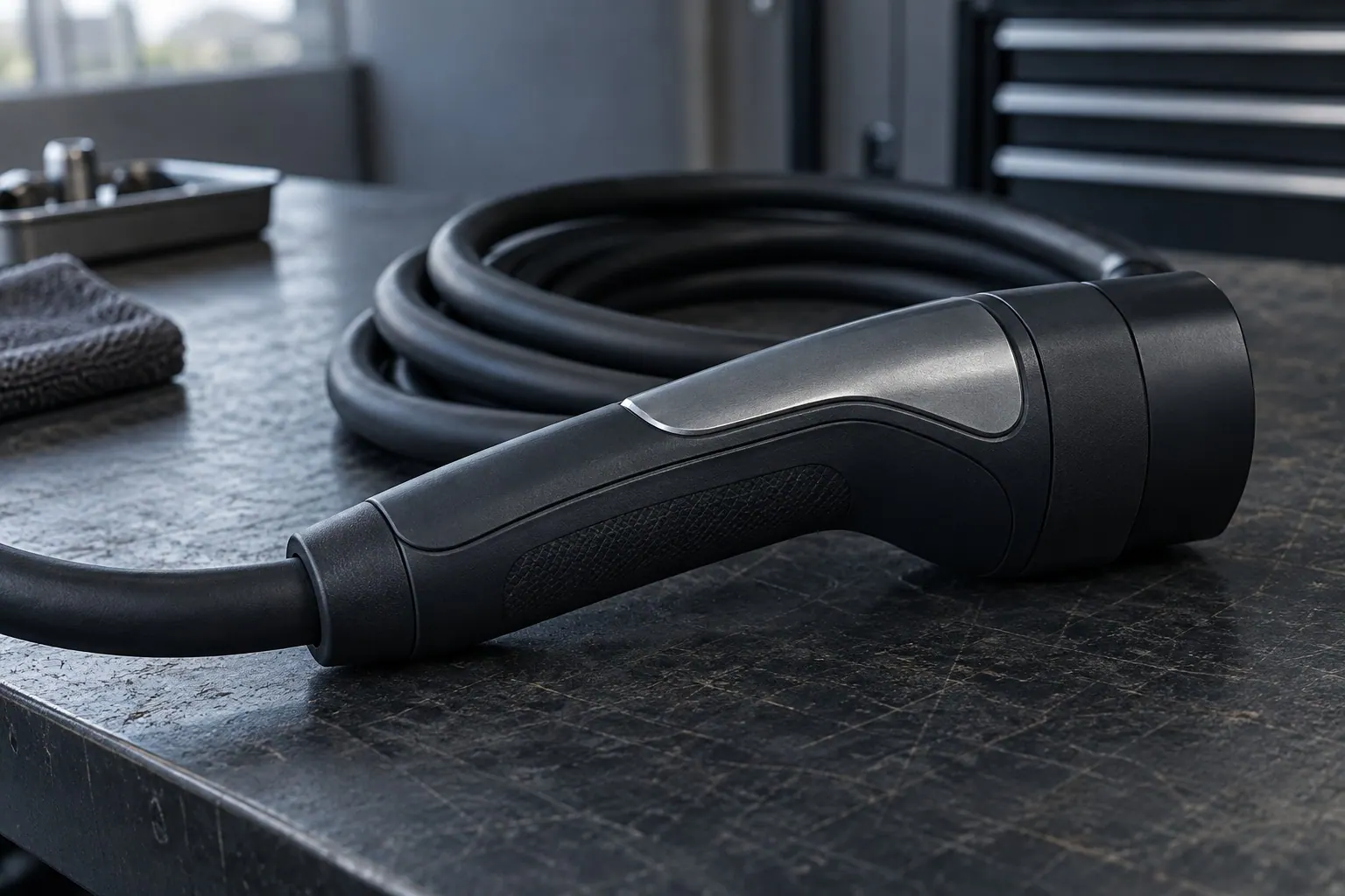 AI illustration: An unbranded charging handle and cable on a workbench; the connector face is not visible.