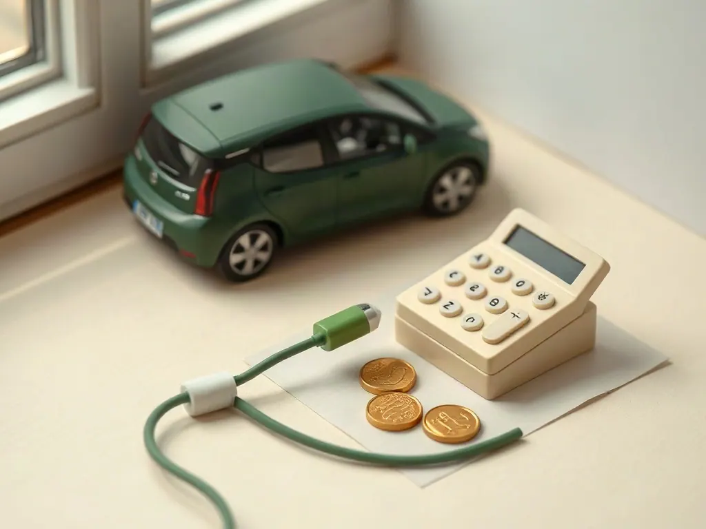 AI illustration of a green model car, calculator and coins representing charging costs