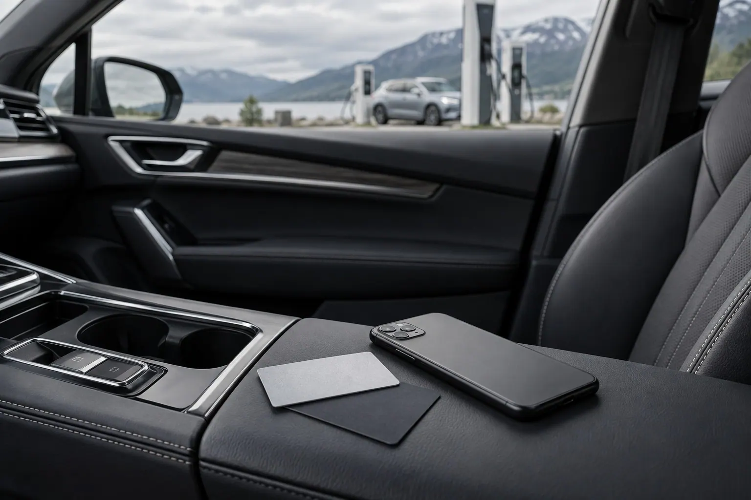 AI illustration: A smartphone and plain membership cards inside a car at a charging station.