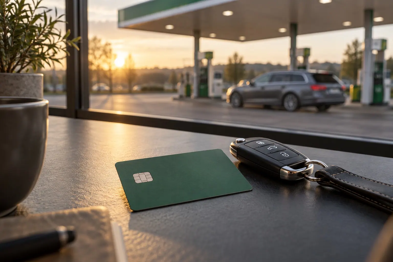 KI-Symbolbild: Eine neutrale Tankkarte und ein Autoschlüssel vor einer Tankstelle.
