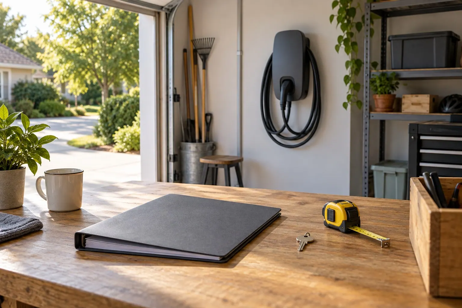 Folder, key and tape measure on a workbench with an unbranded home charger in the background.