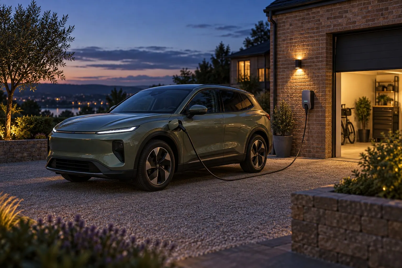 AI illustration: A generic electric car charging beside a garage at dusk.