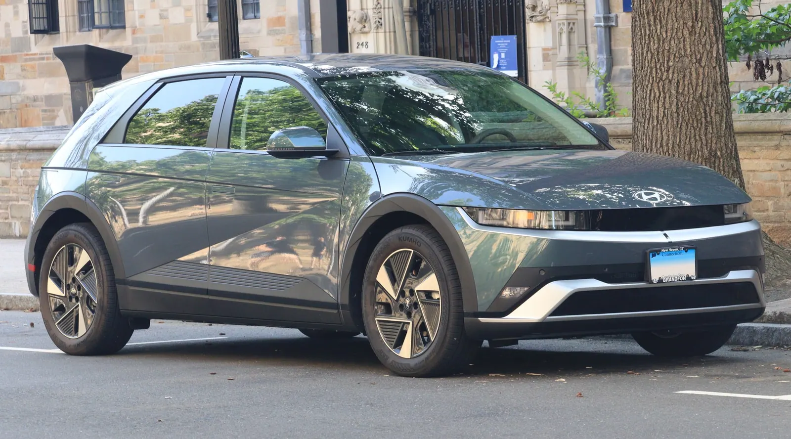 Blue-gray 2026 Hyundai Ioniq 5 SEL viewed from the front quarter in New Haven