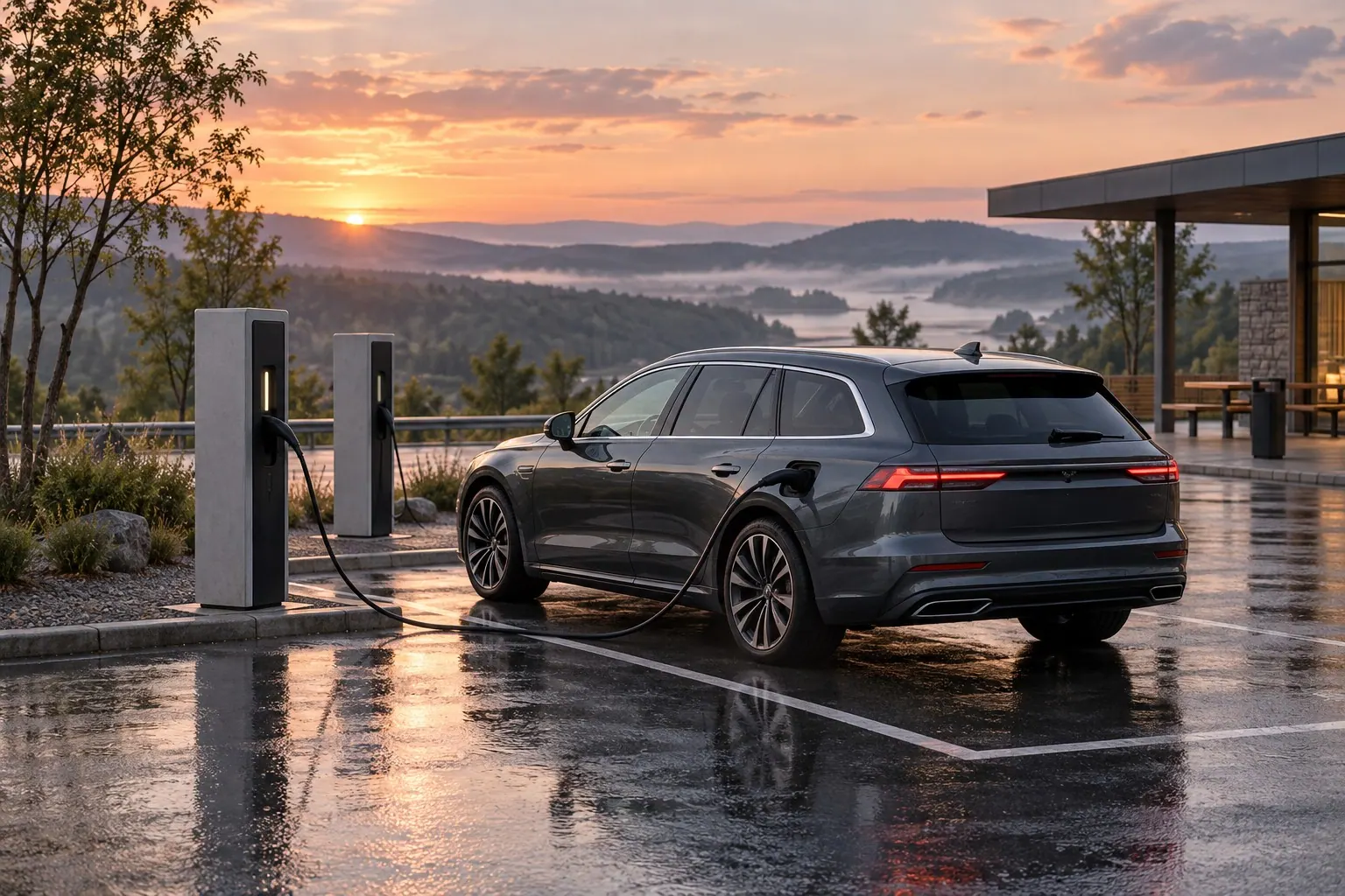 AI illustration: A generic electric car at a charging stop at sunrise.