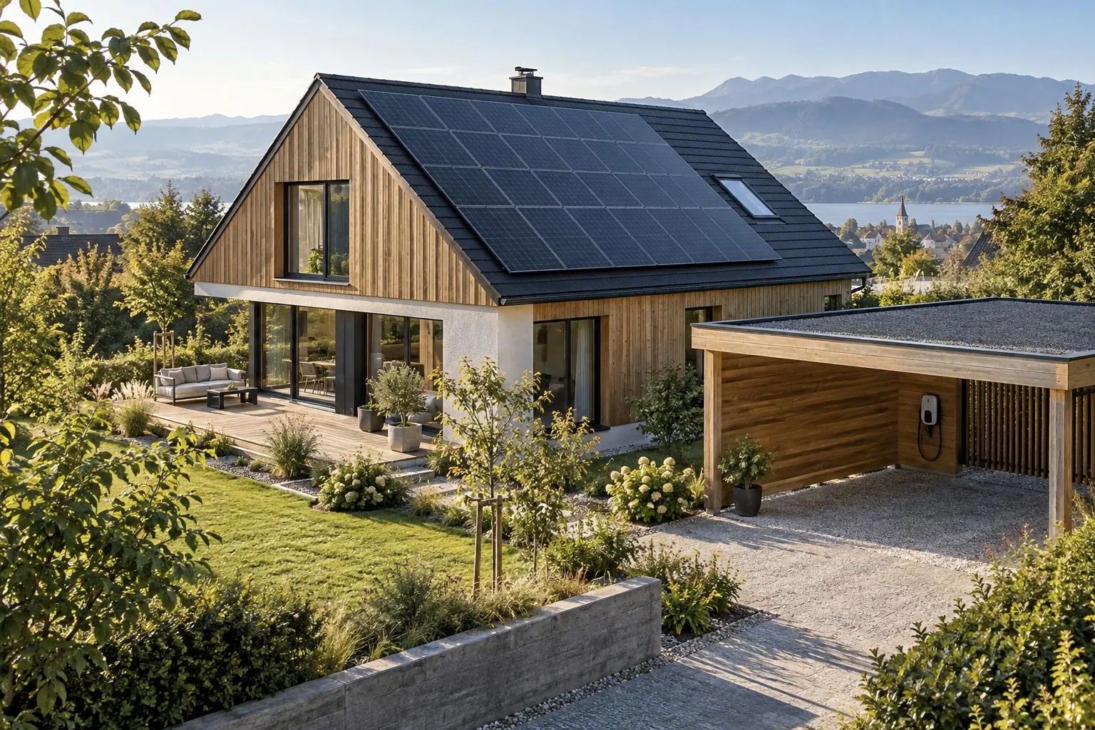 KI-Symbolbild: Ein fiktives Wohnhaus mit Photovoltaikdach und Carport als Symbol für solares Laden.