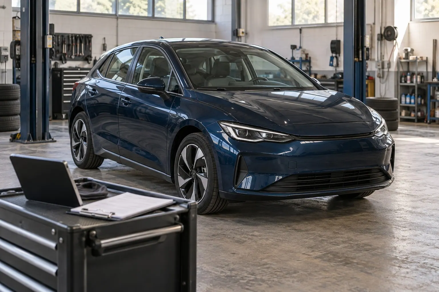 AI illustration: A generic electric car in a workshop with an inspection tablet in the foreground.