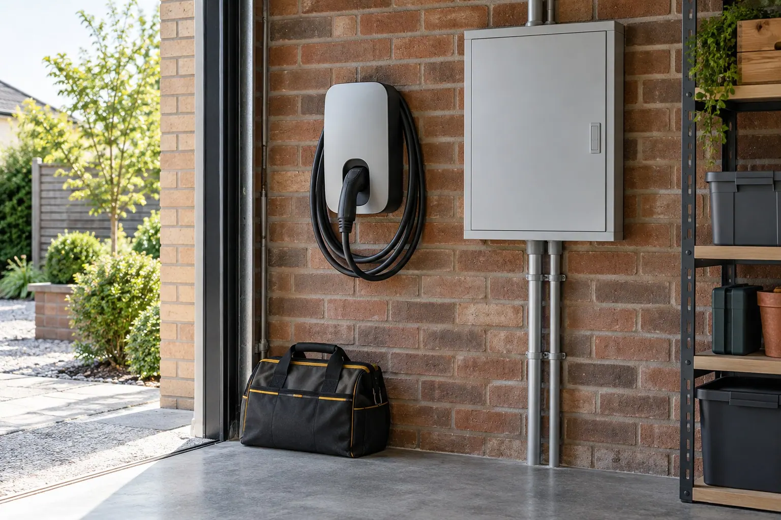 AI illustration: A generic wall charger and closed electrical cabinet on a garage wall.
